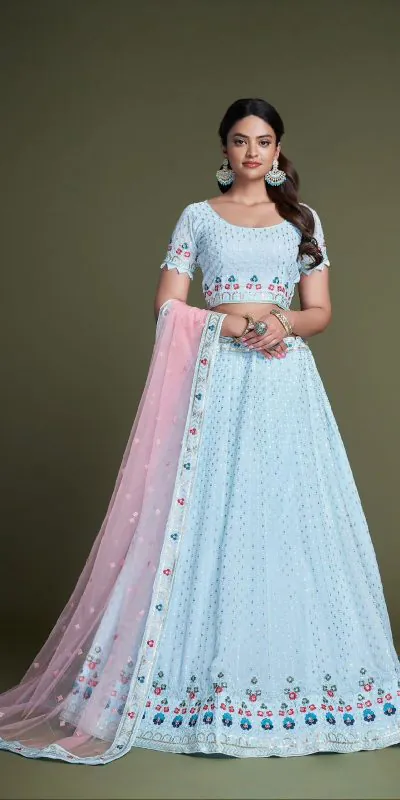 RC 247 sky Blue Color Heavy Georgette Embroidery Sequins Lehenga Choli Casual, Party Wedding, Festive, Events Etc. Delivery  4-6 Working Days 4999/- | Bollywood Lehenga, Creative Lehenga, Designer Lehenga, Embroidered Lehenga, Lehenga, Party Wear Lehenga