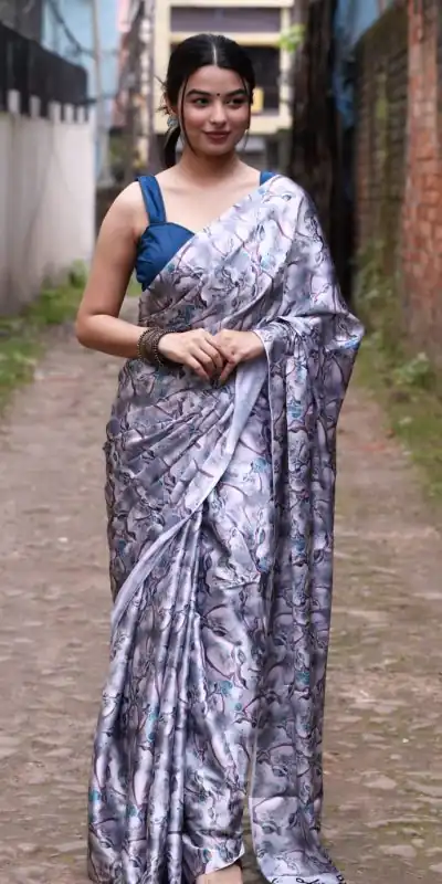 RM101 Blue Grey Color Heavy Devsena Soft Silk Digital Printed Saree Casual, Party Wear, Wedding, Events Etc Delivery Expected.4-6 Working Days 1499/- | Bollywood Sarees, Creative Sarees, Designer Sarees, Embroidered Sarees, Ethnic Saree, Modern Digital sarees, Party Wear Sarees, Sarees