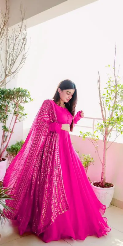 KD-1242 Pink Faux Georgette Thread With Sequence Anarkali Suit Casual, Party, Wedding, Festive, Events Etc.  Expected Delivery  4-6 Working Days @1699/- Only | Anarkali Suits, Bollywood Anarkali, Creative-Anarkali, Designer Anarkali, Embroidered Anarkali, Party Wear Anarkali