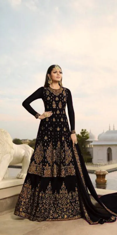 LT NITYA 3805 Black  Color Georgette With Embroidery Work Sharara Suit Wedding, Festive, Party Events Etc. Expected Delivery 4-6 Working Days @2349/- | Jump Suits, Casual Suits, Creative suits, Designer Suits, Palazzo Suits, Party Wear Suits, Patiala Suits, Salwar suit, Straight Suits