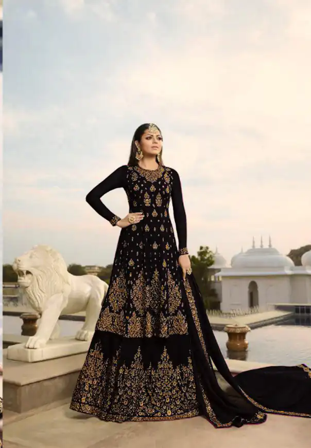 LT NITYA 3805 Black  Color Georgette With Embroidery Work Sharara Suit Wedding, Festive, Party Events Etc. Expected Delivery 4-6 Working Days @2349/- | Jump Suits, Casual Suits, Creative suits, Designer Suits, Palazzo Suits, Party Wear Suits, Patiala Suits, Salwar suit, Straight Suits
