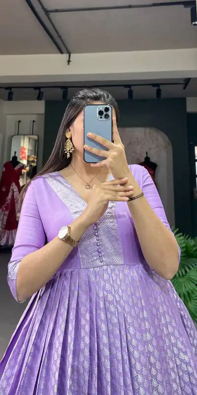 YNF 5321 Lavender Color Jacquard silk Floral weaving work Gown Casual, Wedding, Party, Festive, Events Etc. Expected Delivery 4-6 Working Days @1899/- | Bollywood Gowns, Creative Gowns, Designer Gowns, Embroidered Gowns, Gowns, Party Wear Gowns