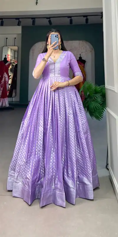 YNF 5321 Lavender Color Jacquard silk Floral weaving work Gown Casual, Wedding, Party, Festive, Events Etc. Expected Delivery 4-6 Working Days @1899/- | Bollywood Gowns, Creative Gowns, Designer Gowns, Embroidered Gowns, Gowns, Party Wear Gowns