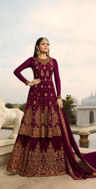 LT NITYA 3805 Maroon Color Georgette With Embroidery Work Sharara Suit Wedding, Festive, Party Events Etc. Expected Delivery 4-6 Working Days @2349/- | Jump Suits, Casual Suits, Creative suits, Designer Suits, Palazzo Suits, Party Wear Suits, Patiala Suits, Salwar suit, Straight Suits