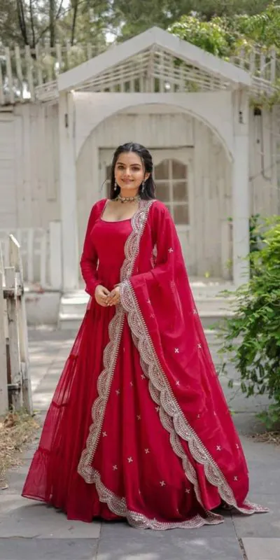 DC G38 Red Color Garget With Full Sleeves Fancy lace Gown Casual, Wedding, Party, Festive, Events Etc. Expected Delivery 4-6 Working Days @1999/- | Bollywood Gowns, Creative Gowns, Designer Gowns, Embroidered Gowns, Gowns, Party Wear Gowns