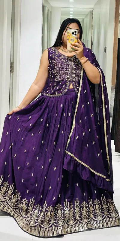 Ram-002 Violet Color Chinon Embroidery Thread Work With and Sleeve Lehenga Choli Casual, Wedding, Festive, Events Expected Delivery 4-6 Working Days @2349/- | Bollywood Lehenga, Creative Lehenga, Designer Lehenga, Embroidered Lehenga, Lehenga, Party Wear Lehenga