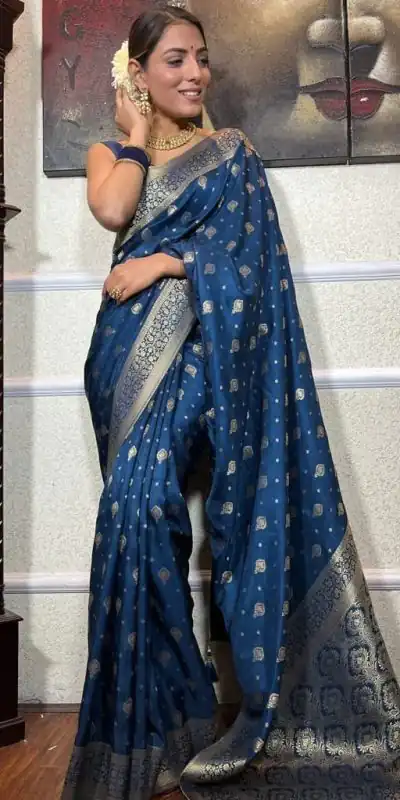 DDF 128 Blue Color Banarasi Soft Silk Extra Ordinary Design Saree Casual, Party Wear, Events, Festivals Etc. Expected Delivery 4-6 Working Days 1399/- | Bollywood Sarees, Creative Sarees, Designer Sarees, Embroidered Sarees, Ethnic Saree, Modern Digital sarees, Party Wear Sarees, Sarees