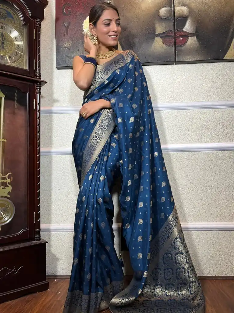 DDF 128 Blue Color Banarasi Soft Silk Extra Ordinary Design Saree Casual, Party Wear, Events, Festivals Etc. Expected Delivery 4-6 Working Days 1399/- | Bollywood Sarees, Creative Sarees, Designer Sarees, Embroidered Sarees, Ethnic Saree, Modern Digital sarees, Party Wear Sarees, Sarees
