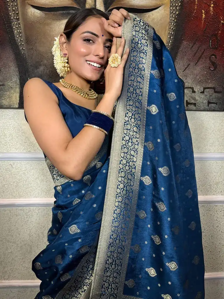 DDF 128 Blue Color Banarasi Soft Silk Extra Ordinary Design Saree Casual, Party Wear, Events, Festivals Etc. Expected Delivery 4-6 Working Days 1399/- | Bollywood Sarees, Creative Sarees, Designer Sarees, Embroidered Sarees, Ethnic Saree, Modern Digital sarees, Party Wear Sarees, Sarees