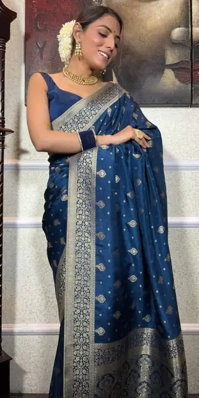 DDF 128 Blue Color Banarasi Soft Silk Extra Ordinary Design Saree Casual, Party Wear, Events, Festivals Etc. Expected Delivery 4-6 Working Days 1399/- | Bollywood Sarees, Creative Sarees, Designer Sarees, Embroidered Sarees, Ethnic Saree, Modern Digital sarees, Party Wear Sarees, Sarees