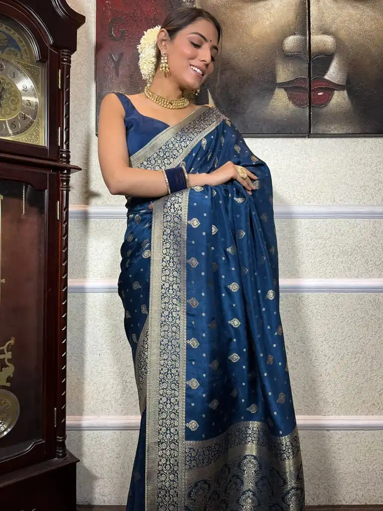 DDF 128 Blue Color Banarasi Soft Silk Extra Ordinary Design Saree Casual, Party Wear, Events, Festivals Etc. Expected Delivery 4-6 Working Days 1399/- | Bollywood Sarees, Creative Sarees, Designer Sarees, Embroidered Sarees, Ethnic Saree, Modern Digital sarees, Party Wear Sarees, Sarees