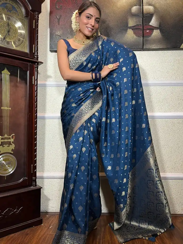 DDF 128 Blue Color Banarasi Soft Silk Extra Ordinary Design Saree Casual, Party Wear, Events, Festivals Etc. Expected Delivery 4-6 Working Days 1399/- | Bollywood Sarees, Creative Sarees, Designer Sarees, Embroidered Sarees, Ethnic Saree, Modern Digital sarees, Party Wear Sarees, Sarees