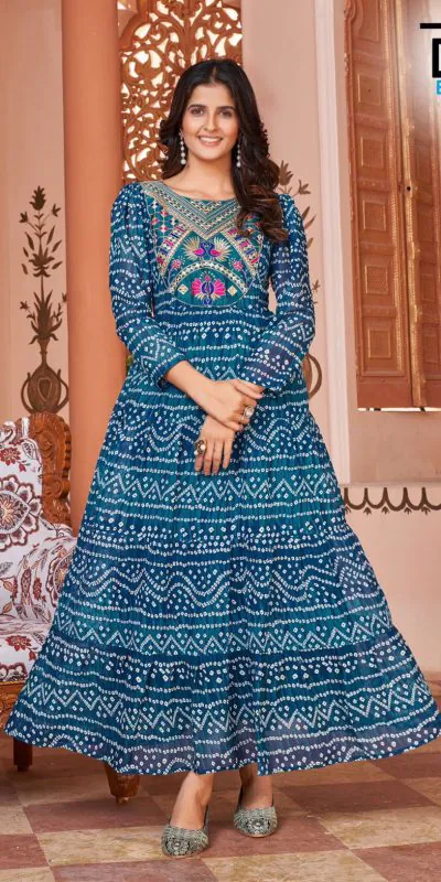 INLI Lehariya Blue Color Heavy Georgette Printed Embroidery Work Gown Casual Wedding, Party, Festive, Events Etc. Expected Delivery 4-6 Working Days @1599 | Bollywood Gowns, Creative Gowns, Designer Gowns, Embroidered Gowns, Gowns, Party Wear Gowns