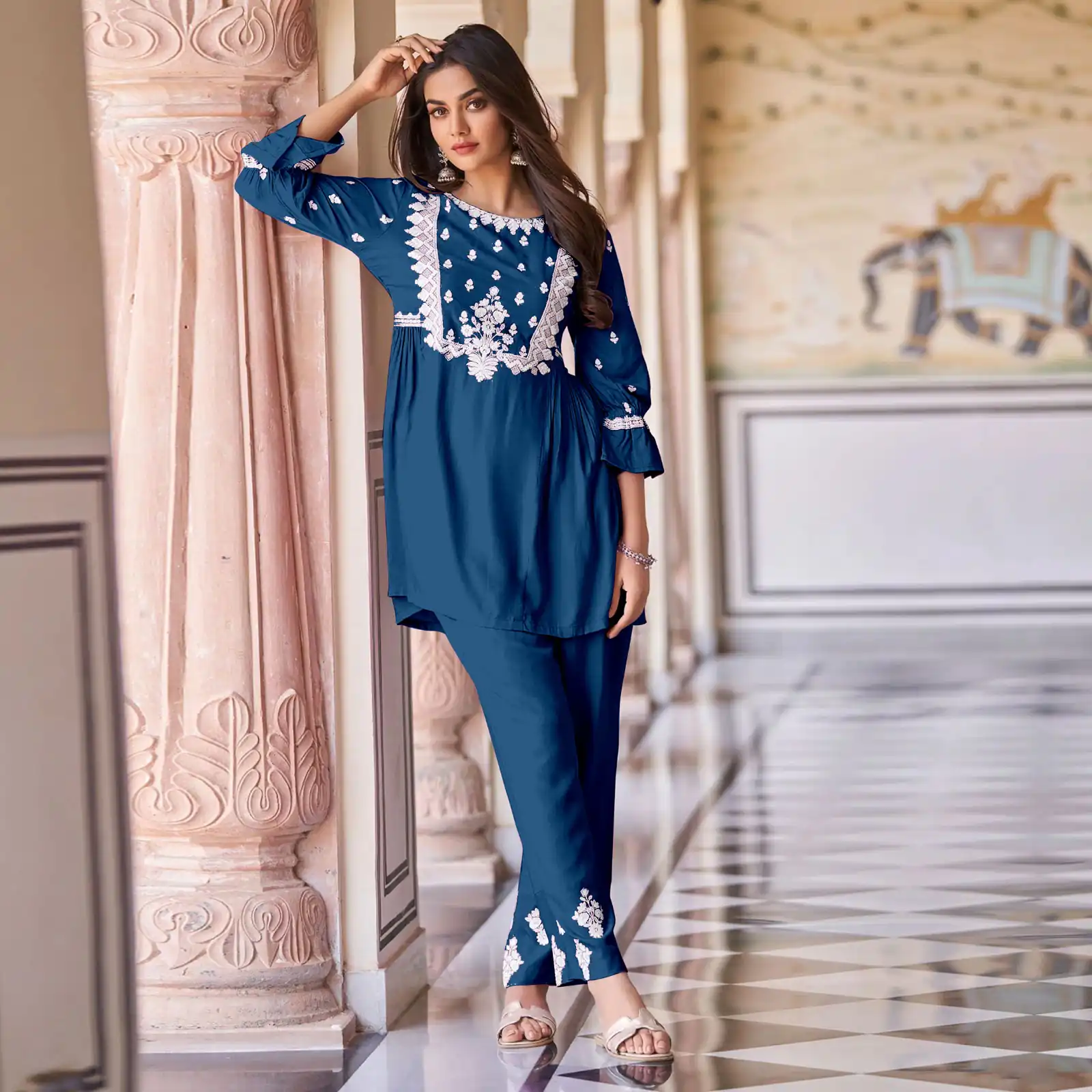 MF1001 Navy Blue Color Rayon With Beautiful Embroidery Work Kurti Wedding, Party, Festive, Events Etc.   Expected Delivery 4-6 Working Days @1450/- | Bollywood Kurti, Creative Kurtis, Designer Kurti, Kurti, Party Wear Kurti, Selfie Kurti