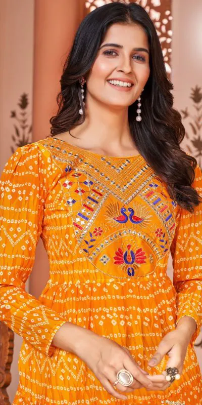 INLI Lehariya Orange Color Heavy Georgette Printed Embroidery Work Gown Casual Wedding, Party, Festive, Events Etc. Expected Delivery 4-6 Working Days @1599 | Bollywood Gowns, Creative Gowns, Designer Gowns, Embroidered Gowns, Gowns, Party Wear Gowns