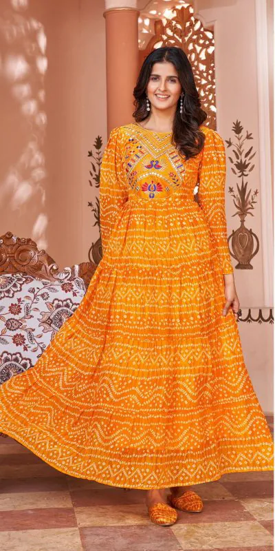 INLI Lehariya Orange Color Heavy Georgette Printed Embroidery Work Gown Casual Wedding, Party, Festive, Events Etc. Expected Delivery 4-6 Working Days @1599 | Bollywood Gowns, Creative Gowns, Designer Gowns, Embroidered Gowns, Gowns, Party Wear Gowns