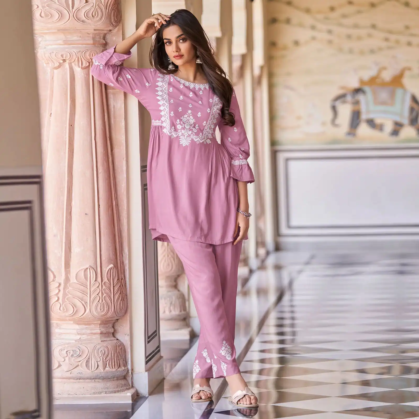 MF1001 Pink Color Rayon With Beautiful Embroidery Work Kurti Wedding, Party, Festive, Events Etc.   Expected Delivery 4-6 Working Days @1450/- | Bollywood Kurti, Creative Kurtis, Designer Kurti, Kurti, Party Wear Kurti, Selfie Kurti