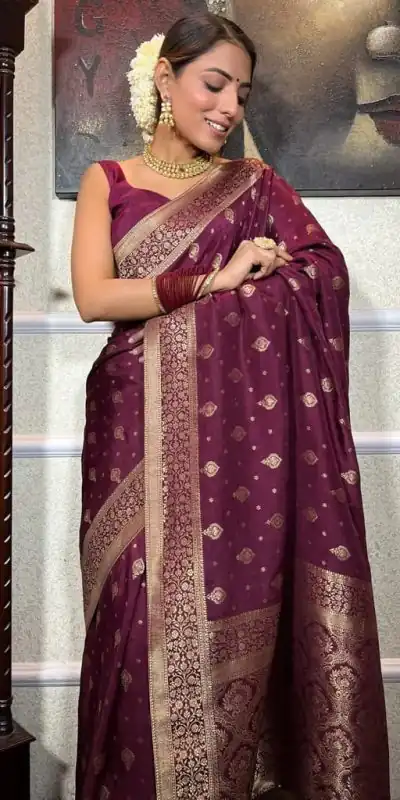DDF 128 Purple Color Banarasi Soft Silk Extra Ordinary Design Saree Casual, Party Wear, Events, Festivals Etc. Expected Delivery 4-6 Working Days 1399/- | Bollywood Sarees, Creative Sarees, Designer Sarees, Embroidered Sarees, Ethnic Saree, Modern Digital sarees, Party Wear Sarees, Sarees