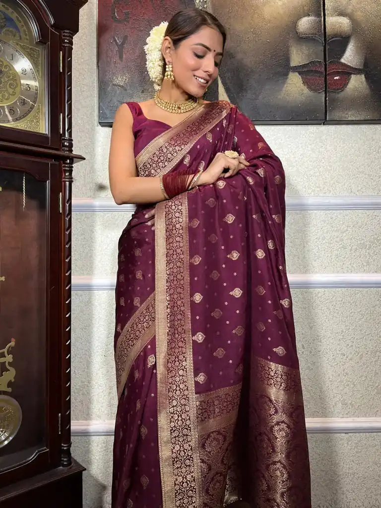 DDF 128 Purple Color Banarasi Soft Silk Extra Ordinary Design Saree Casual, Party Wear, Events, Festivals Etc. Expected Delivery 4-6 Working Days 1399/- | Bollywood Sarees, Creative Sarees, Designer Sarees, Embroidered Sarees, Ethnic Saree, Modern Digital sarees, Party Wear Sarees, Sarees