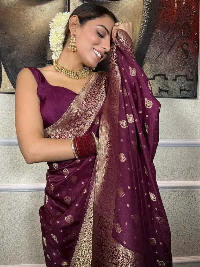 DDF 128 Purple Color Banarasi Soft Silk Extra Ordinary Design Saree Casual, Party Wear, Events, Festivals Etc. Expected Delivery 4-6 Working Days 1399/- | Bollywood Sarees, Creative Sarees, Designer Sarees, Embroidered Sarees, Ethnic Saree, Modern Digital sarees, Party Wear Sarees, Sarees