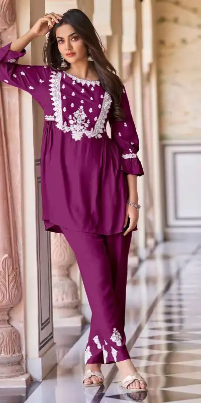 MF1001 Purple Color Rayon With Beautiful Embroidery Work Kurti Wedding, Party, Festive, Events Etc.   Expected Delivery 4-6 Working Days @1450/- | Bollywood Kurti, Creative Kurtis, Designer Kurti, Kurti, Party Wear Kurti, Selfie Kurti