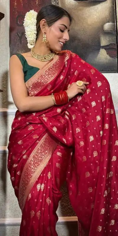 DDF 128 Red Color Banarasi Soft Silk Extra Ordinary Design Saree Casual, Party Wear, Events, Festivals Etc. Expected Delivery 4-6 Working Days 1399/- | Bollywood Sarees, Creative Sarees, Designer Sarees, Embroidered Sarees, Ethnic Saree, Modern Digital sarees, Party Wear Sarees, Sarees