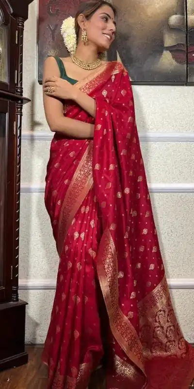 DDF 128 Red Color Banarasi Soft Silk Extra Ordinary Design Saree Casual, Party Wear, Events, Festivals Etc. Expected Delivery 4-6 Working Days 1399/- | Bollywood Sarees, Creative Sarees, Designer Sarees, Embroidered Sarees, Ethnic Saree, Modern Digital sarees, Party Wear Sarees, Sarees