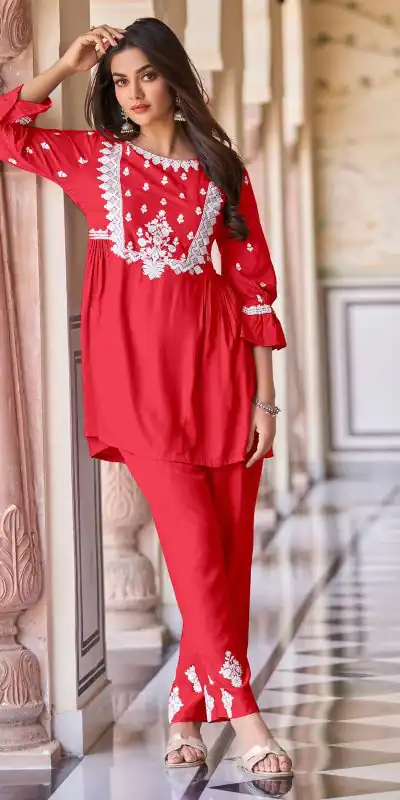 MF1001 Red Color Rayon With Beautiful Embroidery Work Kurti Wedding, Party, Festive, Events Etc.   Expected Delivery 4-6 Working Days @1450/- | Bollywood Kurti, Creative Kurtis, Designer Kurti, Kurti, Party Wear Kurti, Selfie Kurti