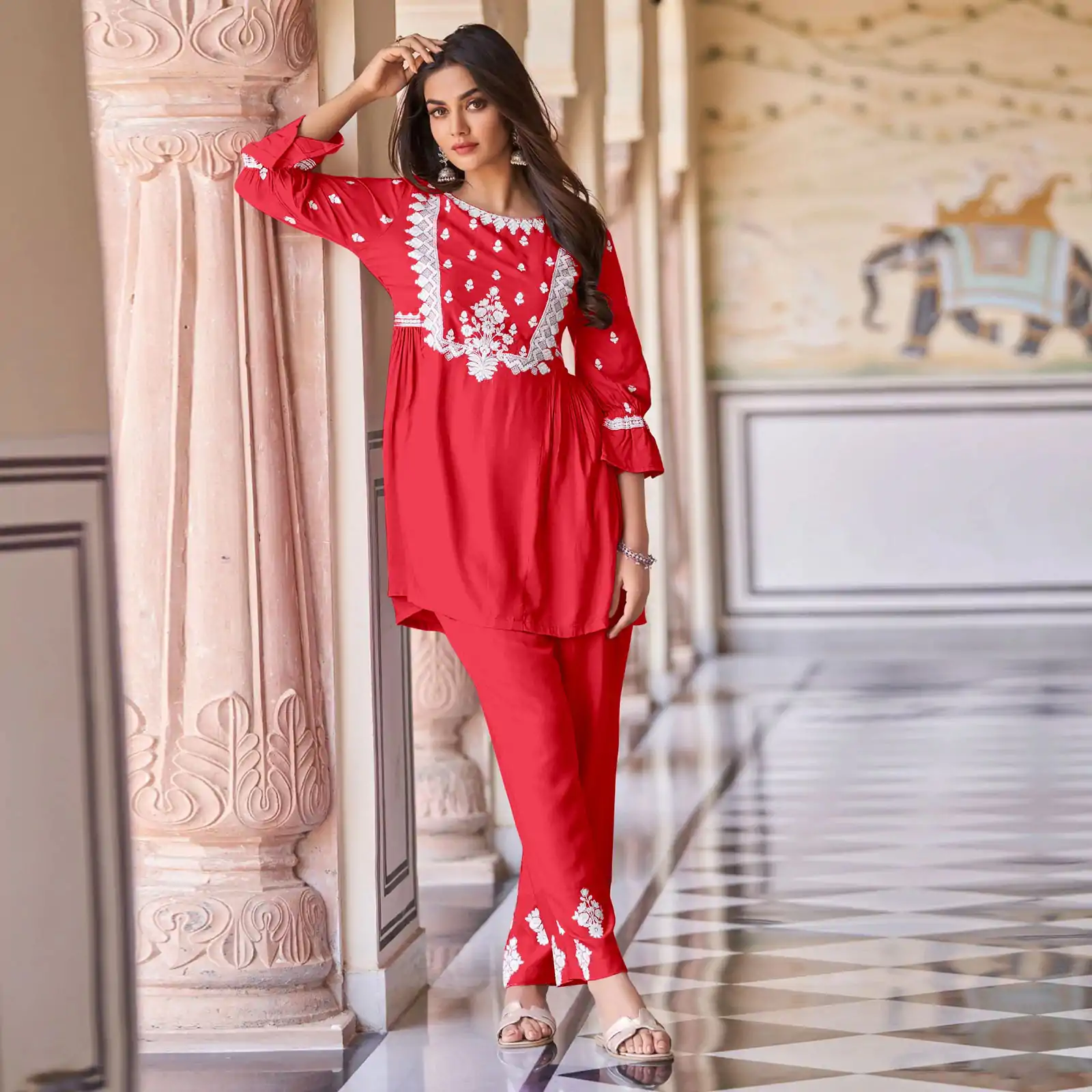 MF1001 Red Color Rayon With Beautiful Embroidery Work Kurti Wedding, Party, Festive, Events Etc.   Expected Delivery 4-6 Working Days @1450/- | Bollywood Kurti, Creative Kurtis, Designer Kurti, Kurti, Party Wear Kurti, Selfie Kurti
