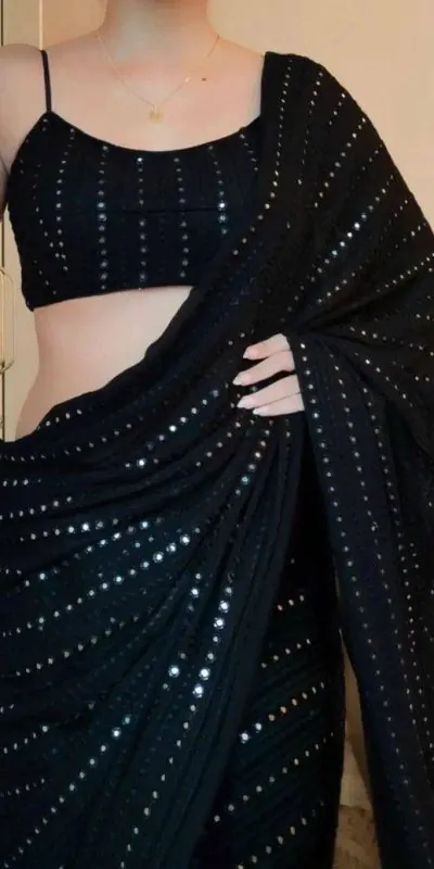 ST 395 Black Color Faux Georgette Embroidery Cotton Thread Saree Casual, Wedding, Party, Festive, Events Etc. Expected Delivery 4-6 Working Days @1849/- | Bollywood Sarees, Creative Sarees, Designer Sarees, Embroidered Sarees, Ethnic Saree, Modern Digital sarees, Party Wear Sarees, Sarees