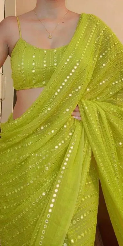 ST 395 Green Color Faux Georgette Embroidery Cotton Thread Saree Casual, Wedding, Party, Festive, Events Etc. Expected Delivery 4-6 Working Days @1849/- | Bollywood Sarees, Creative Sarees, Designer Sarees, Embroidered Sarees, Ethnic Saree, Modern Digital sarees, Party Wear Sarees, Sarees