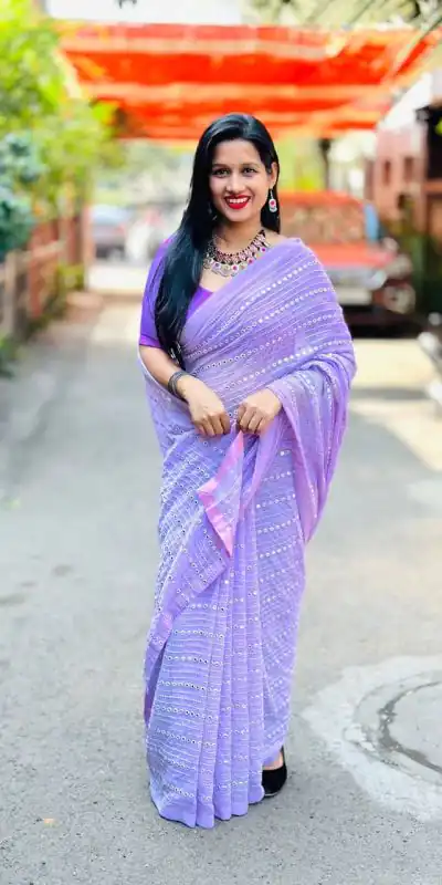 ST 395 Violet Color Faux Georgette Embroidery Cotton Thread Saree Casual, Wedding, Party, Festive, Events Etc. Expected Delivery 4-6 Working Days @1849/- | Bollywood Sarees, Creative Sarees, Designer Sarees, Embroidered Sarees, Ethnic Saree, Modern Digital sarees, Party Wear Sarees, Sarees