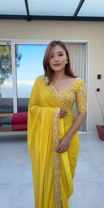 KD 462 Yellow  ColorFaux Georgette Thread With Sequence Saree Casual, Party, Wedding, Festive, Events Etc.  Expected Delivery  4-6 Working Days @1849/- Only | Bollywood Sarees, Creative Sarees, Designer Sarees, Embroidered Sarees, Ethnic Saree, Modern Digital sarees, Party Wear Sarees, Sarees