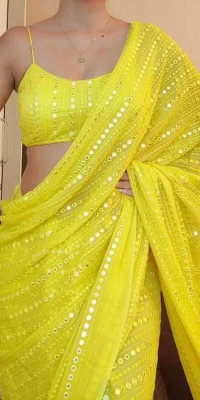 ST 395 Yellow Color Faux Georgette Embroidery Cotton Thread Saree Casual, Wedding, Party, Festive, Events Etc. Expected Delivery 4-6 Working Days @1849/- | Bollywood Sarees, Creative Sarees, Designer Sarees, Embroidered Sarees, Ethnic Saree, Modern Digital sarees, Party Wear Sarees, Sarees