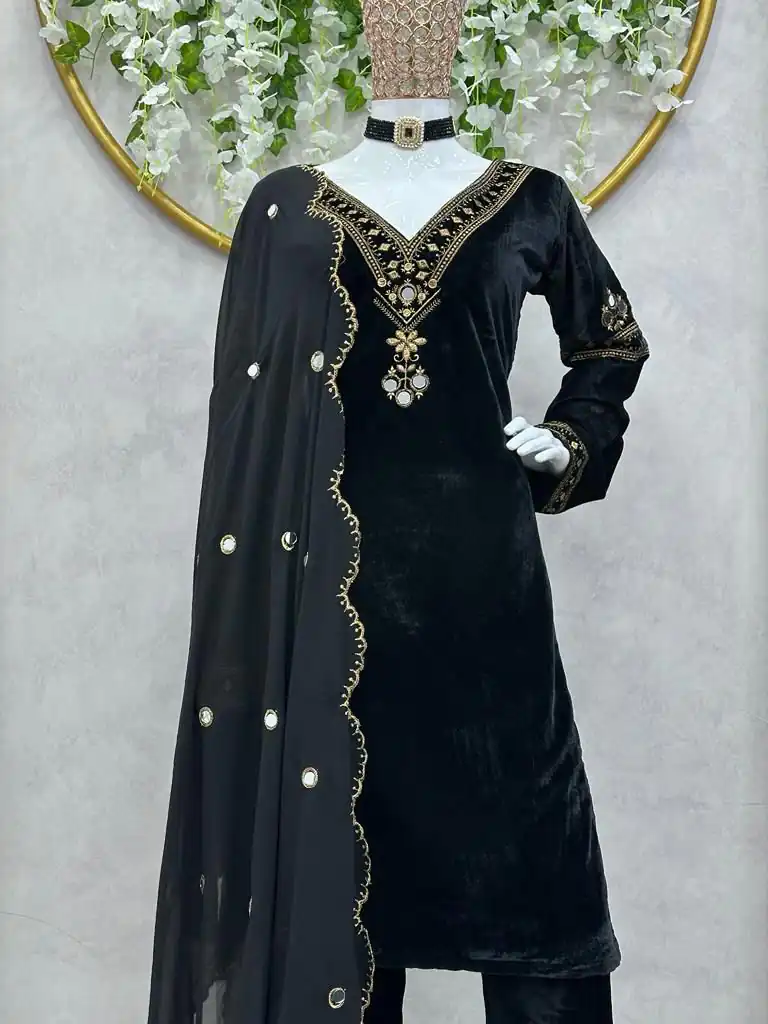 KD 1366 Blue Velvet Thread Work With Real Mirror Salwar Suit Work : Embroidery With Sequence Thread Work Party, Wedding, Festive @2049/- Only | Casual Suits, Creative suits, Designer Suits, Palazzo Suits, Party Wear Suits, Salwar suit, Straight Suits