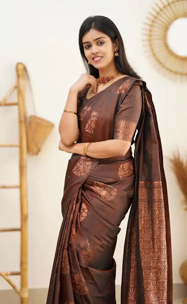 KP 4064 Coffee Color Soft Lichi Silk Jacquard On All Over Saree Casual, Party Wear, Wedding, Events Etc. Expected Delivery 4-6 Working Days @1249/- | Embroidered Sarees, Bollywood Sarees, Creative Sarees, Designer Sarees, Ethnic Saree, Modern Digital sarees, Party Wear Sarees, Sarees