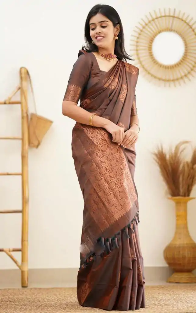 KP 4064 Coffee Color Soft Lichi Silk Jacquard On All Over Saree Casual, Party Wear, Wedding, Events Etc. Expected Delivery 4-6 Working Days @1249/- | Embroidered Sarees, Bollywood Sarees, Creative Sarees, Designer Sarees, Ethnic Saree, Modern Digital sarees, Party Wear Sarees, Sarees