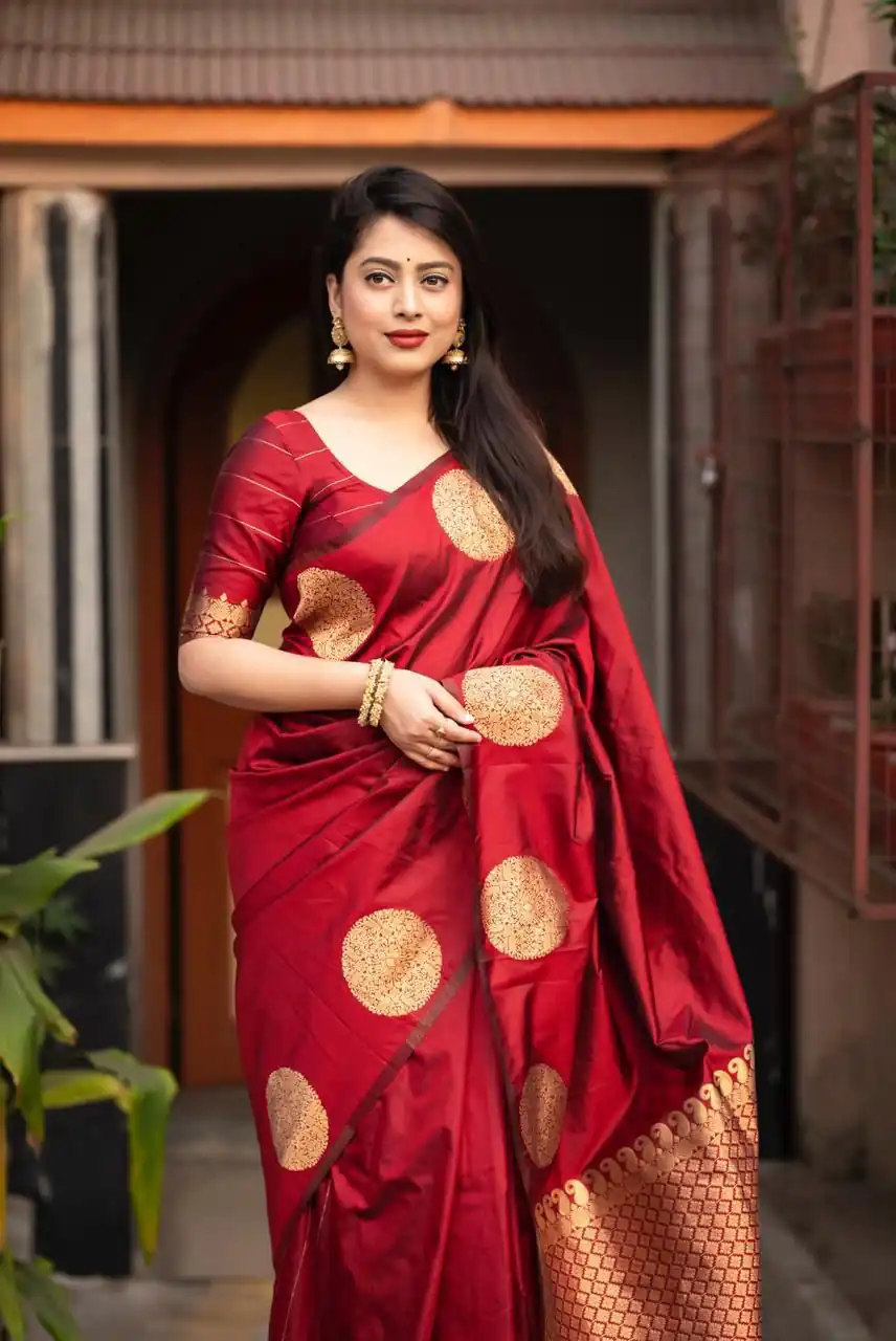 KP 5062 Maroon Color Soft Lichi Silk Jacquard On All Over Saree Casual, Party Wear, Wedding, Events Etc. Expected Delivery 4-6 Working Days @1299/- | Creative Sarees, Embroidered Sarees, Bollywood Sarees, Designer Sarees, Ethnic Saree, Modern Digital sarees, Party Wear Sarees, Sarees