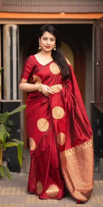 KP 5062 Maroon Color Soft Lichi Silk Jacquard On All Over Saree Casual, Party Wear, Wedding, Events Etc. Expected Delivery 4-6 Working Days @1299/- | Creative Sarees, Embroidered Sarees, Bollywood Sarees, Designer Sarees, Ethnic Saree, Modern Digital sarees, Party Wear Sarees, Sarees