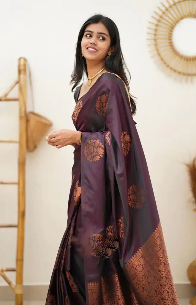 KP 4064 Wine Color Soft Lichi Silk Jacquard On All Over Saree Casual, Party Wear, Wedding, Events Etc. Expected Delivery 4-6 Working Days @1249/- | Embroidered Sarees, Bollywood Sarees, Creative Sarees, Designer Sarees, Ethnic Saree, Modern Digital sarees, Party Wear Sarees, Sarees