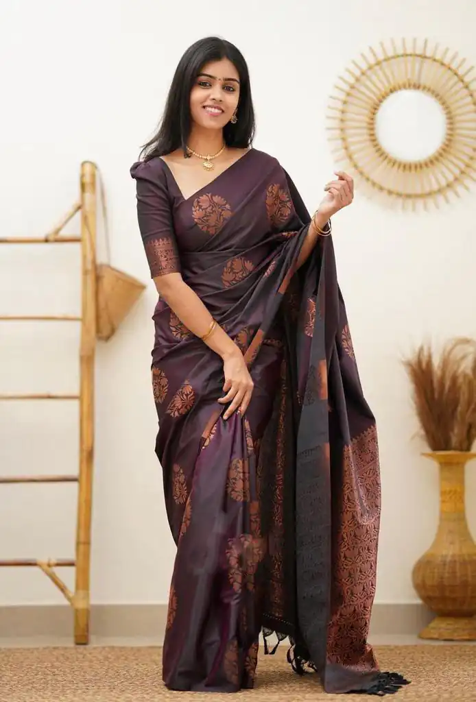 KP 4064 Wine Color Soft Lichi Silk Jacquard On All Over Saree Casual, Party Wear, Wedding, Events Etc. Expected Delivery 4-6 Working Days @1249/- | Embroidered Sarees, Bollywood Sarees, Creative Sarees, Designer Sarees, Ethnic Saree, Modern Digital sarees, Party Wear Sarees, Sarees