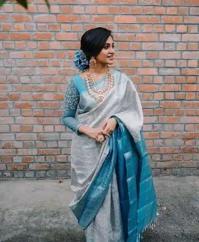 ES 8161 Silver Color Soft Lichi Silk Butti Work Saree Casual, Wedding, Party, Festive, Events Etc. Expected Delivery 4-6 Working Days @1499/- | Bollywood Sarees, Creative Sarees, Designer Sarees, Embroidered Sarees, Ethnic Saree, Modern Digital sarees, Party Wear Sarees, Sarees