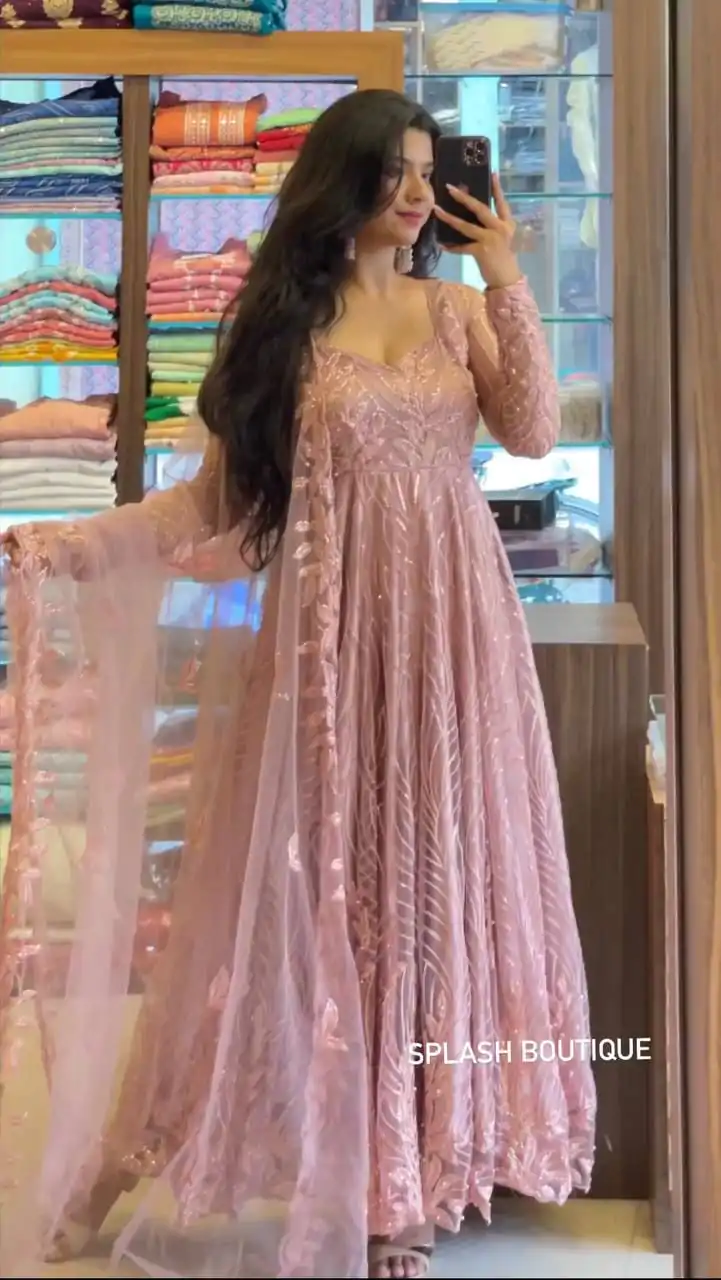 NSR 713 Peach Color Soft Butterfly Net Embroidery Sequence Gown Casual, Wedding, Festive Party Wear, Events Black Color Gown @2099/- | Bollywood Gowns, Creative Gowns, Designer Gowns, Embroidered Gowns, Gowns, Party Wear Gowns