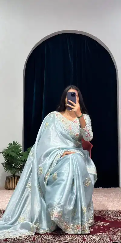 ST 469 Sky Blue Color Jimmy Choo Thread Embroidery Work Saree Casual, Wedding, Party, Festive, Events Etc. Expected Delivery 4-6 Working Days @1999/- | Bollywood Sarees, Creative Sarees, Designer Sarees, Embroidered Sarees, Ethnic Saree, Modern Digital sarees, Party Wear Sarees, Sarees
