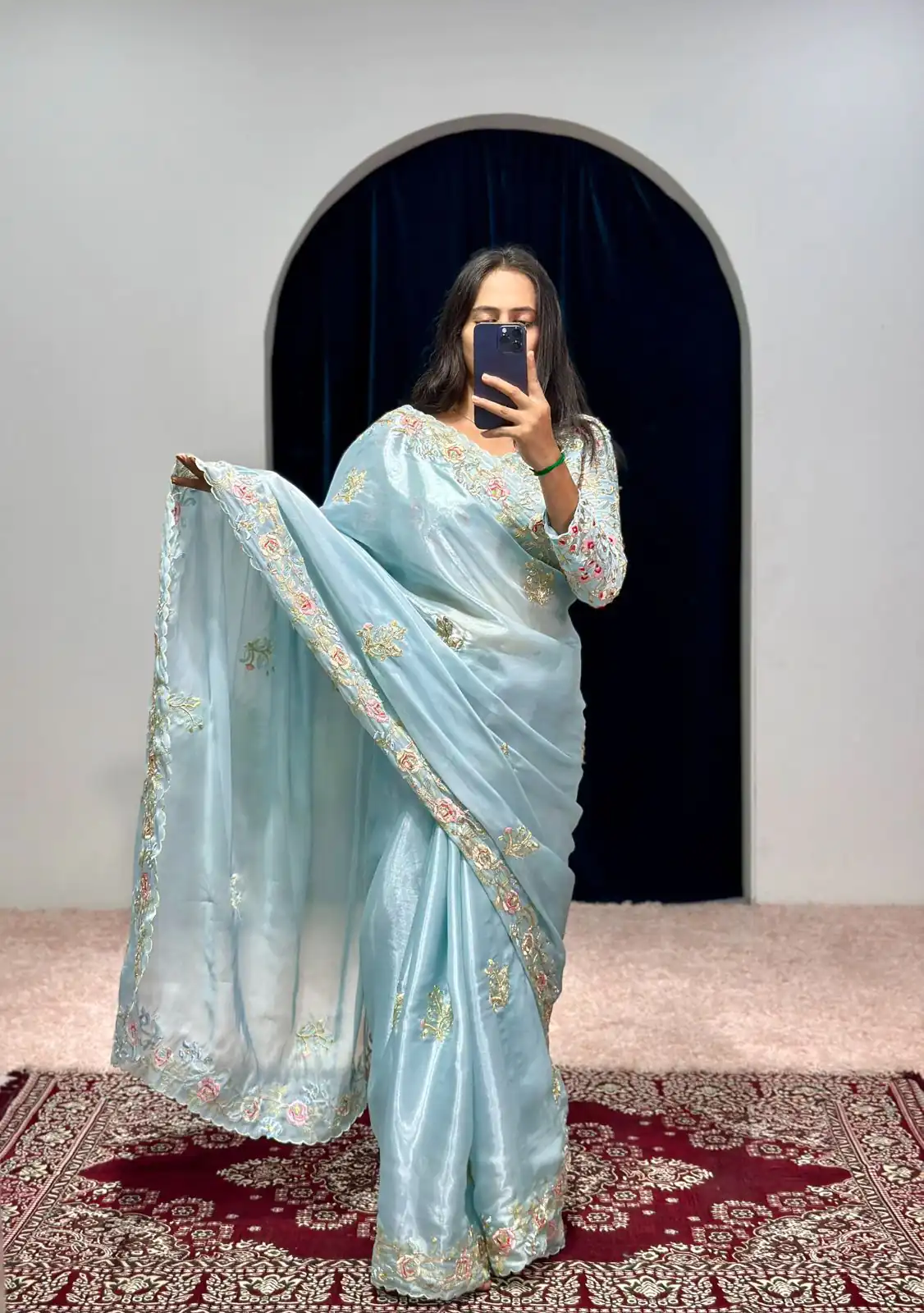 ST 469 Sky Blue Color Jimmy Choo Thread Embroidery Work Saree Casual, Wedding, Party, Festive, Events Etc. Expected Delivery 4-6 Working Days @1999/- | Bollywood Sarees, Creative Sarees, Designer Sarees, Embroidered Sarees, Ethnic Saree, Modern Digital sarees, Party Wear Sarees, Sarees