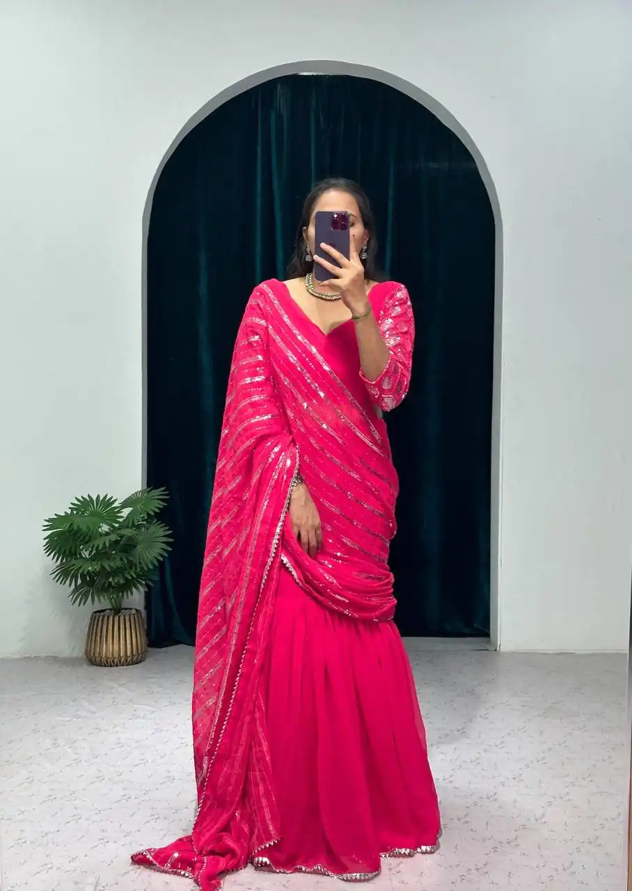 ST 1041 Pink Color Georgette Embroidery Moti Work Lehenga Saree Casual, Wedding, Party, Festive, Events Etc. Expected Delivery 4-6 Working Days @2099/- | Bollywood Lehenga, Creative Lehenga, Designer Lehenga, Embroidered Lehenga, Lehenga, Party Wear Lehenga
