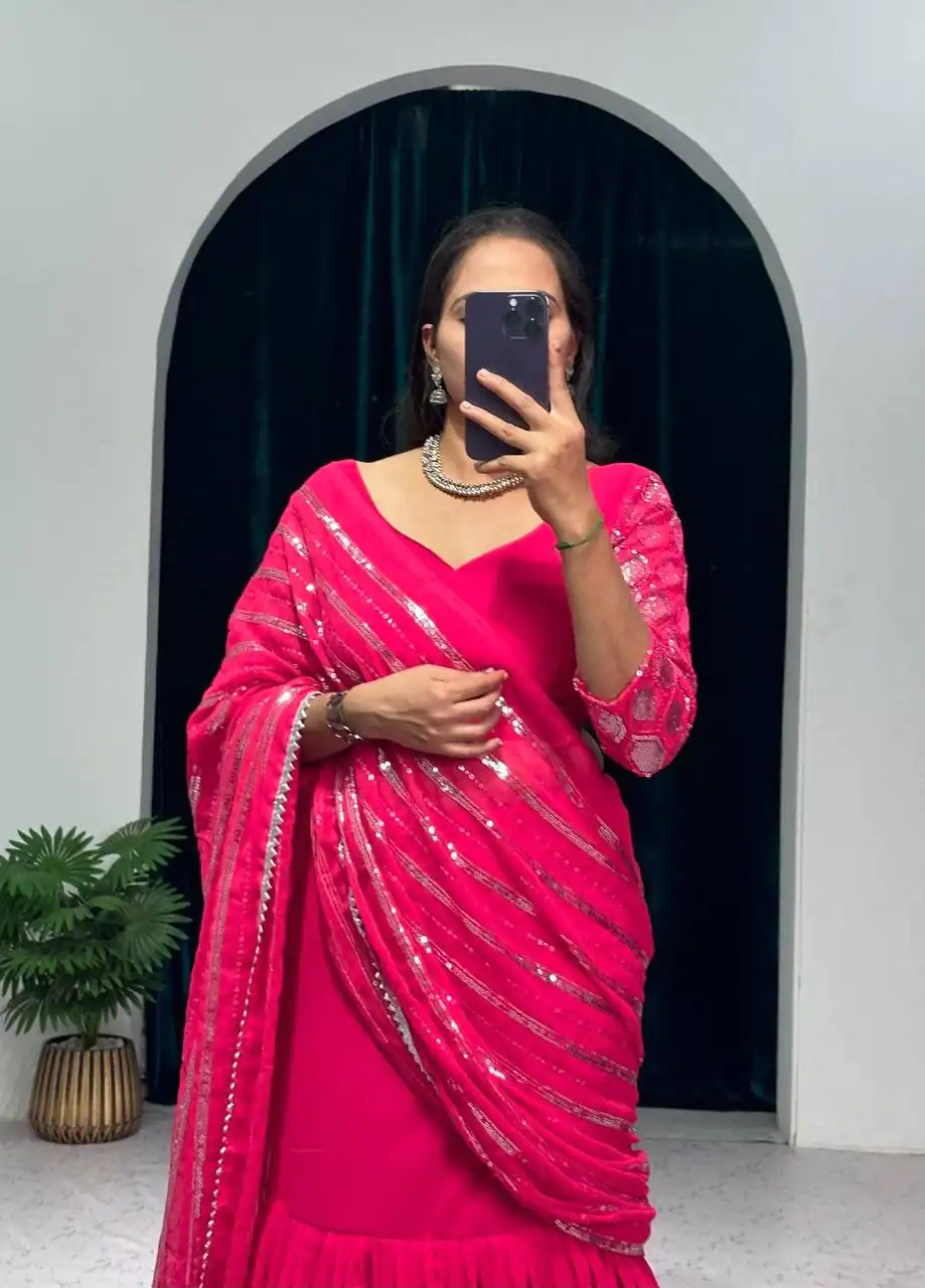 ST 1041 Pink Color Georgette Embroidery Moti Work Lehenga Saree Casual, Wedding, Party, Festive, Events Etc. Expected Delivery 4-6 Working Days @2099/- | Bollywood Lehenga, Creative Lehenga, Designer Lehenga, Embroidered Lehenga, Lehenga, Party Wear Lehenga