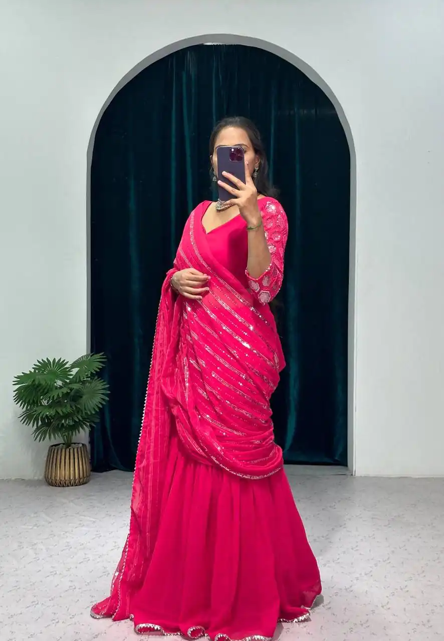 ST 1041 Pink Color Georgette Embroidery Moti Work Lehenga Saree Casual, Wedding, Party, Festive, Events Etc. Expected Delivery 4-6 Working Days @2099/- | Bollywood Lehenga, Creative Lehenga, Designer Lehenga, Embroidered Lehenga, Lehenga, Party Wear Lehenga