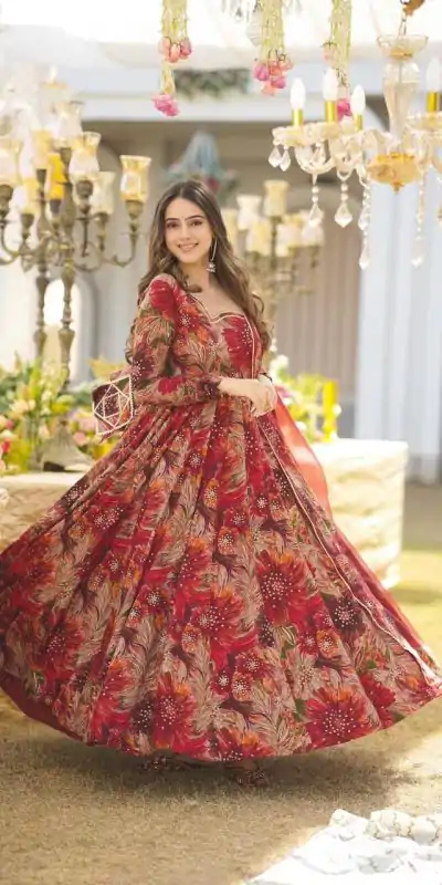DC G41 Red Color Rayon Digital Printed Full Sleeves Gown Casual, Wedding, Party, Festive, Events Etc. Expected Delivery 4-6 Working Days @1949/- | Bollywood Gowns, Creative Gowns, Designer Gowns, Embroidered Gowns, Gowns, Saree Materials