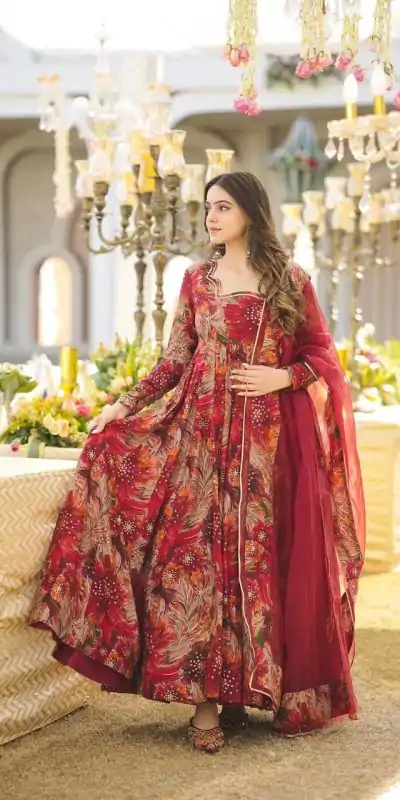 DC G41 Red Color Rayon Digital Printed Full Sleeves Gown Casual, Wedding, Party, Festive, Events Etc. Expected Delivery 4-6 Working Days @1949/- | Bollywood Gowns, Creative Gowns, Designer Gowns, Embroidered Gowns, Gowns, Saree Materials
